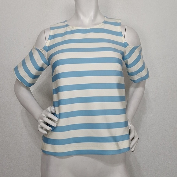 Tanya Taylor Tops - Tanya Taylor Preppy Blue & White Stripe Cold Shoulder Blouse Made in USA Size 6